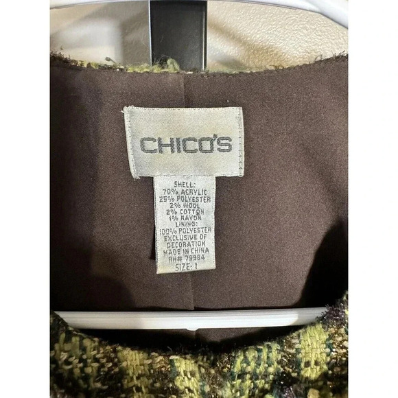 Chico's Size 1 - Petite Yellow Blk Button Front Wool Blend Tweed Blazer Jacket - Picture 4 of 9